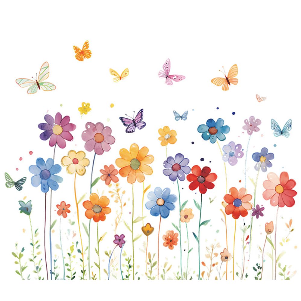HAOHUODUO Cartoon Watercolor Flowers Butterflies Wall Sticker Children Room Decoration Decorative Wall Stickers Home Decor Wall Decor 28.3x34.6 Inch