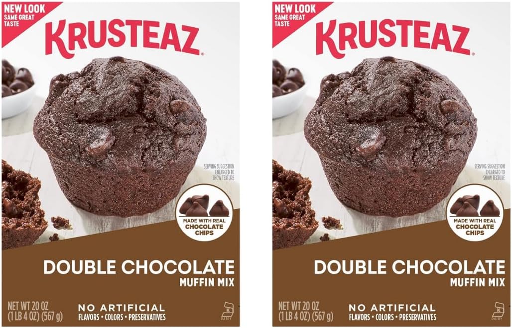 Krusteaz Muffin Mix, Double Chocolate Muffin Mix, Made with Real Chocolate Chips & No Artificial Flavors, Colors or Preservatives, 20 OZ Box (Pack of 2)