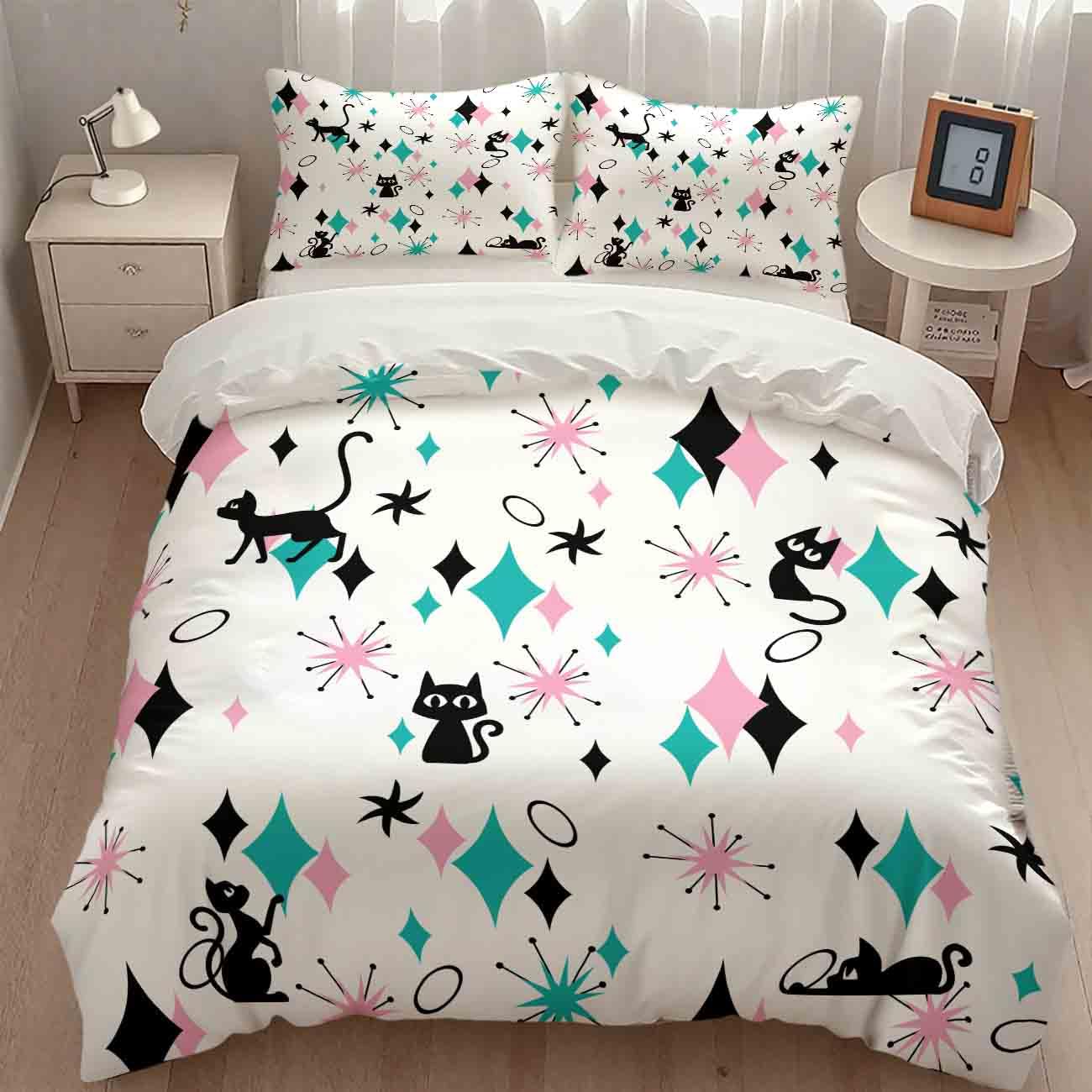 Geometry Modern Bedding Set,Mid Century Black Cat Abstract Atomic Geometric Vintage 1950s 1960s Pattern Print Yellow Comforter Set with Pillowcase for Bedroom Bed Decor,King 102"x90"
