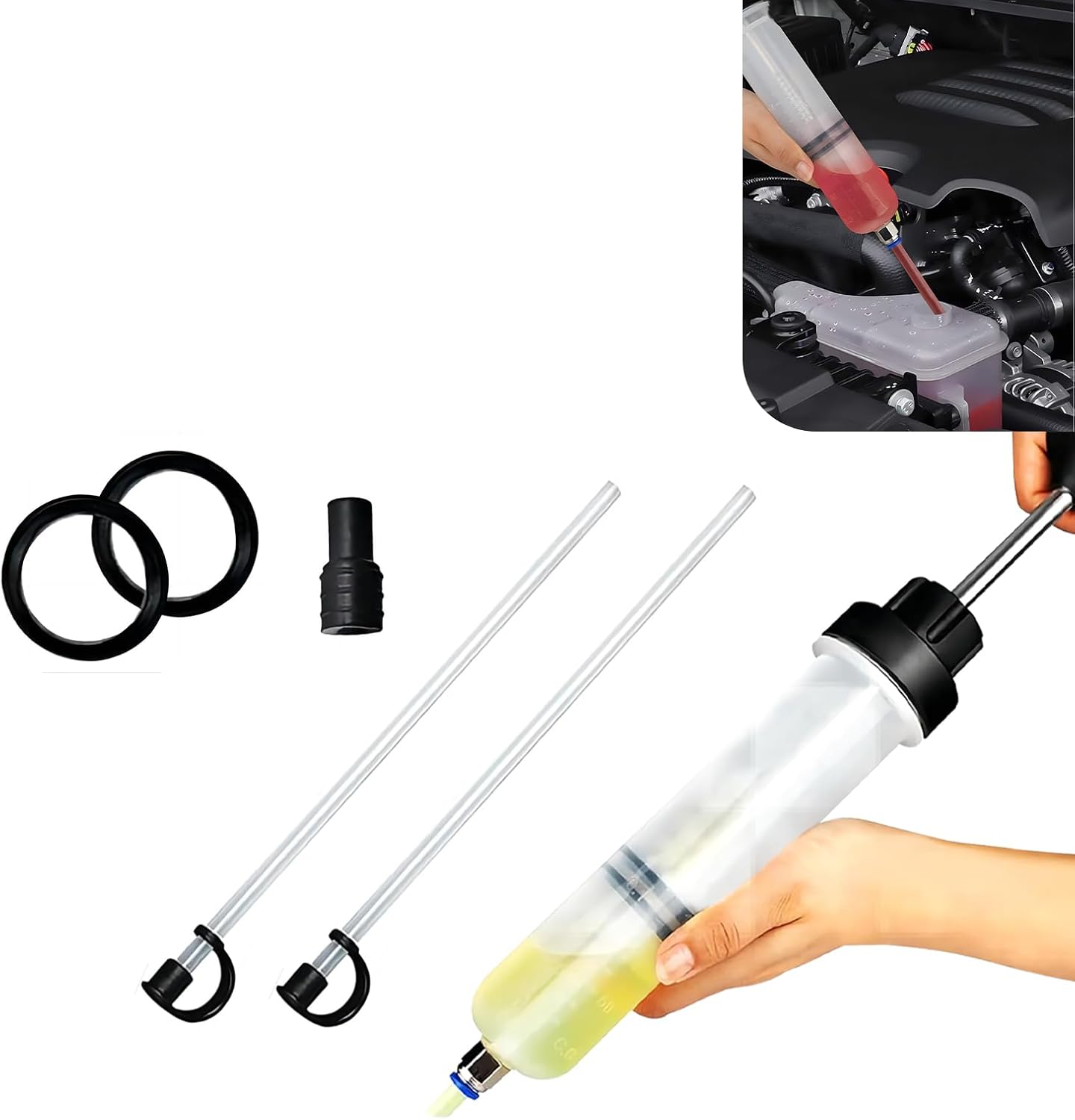 Car Power Steering Fluid Extractor, 200cc Oil Suction Pump, Manual Extraction Oil Syringe with 2 Hoses, Universal for Most Cars (White)