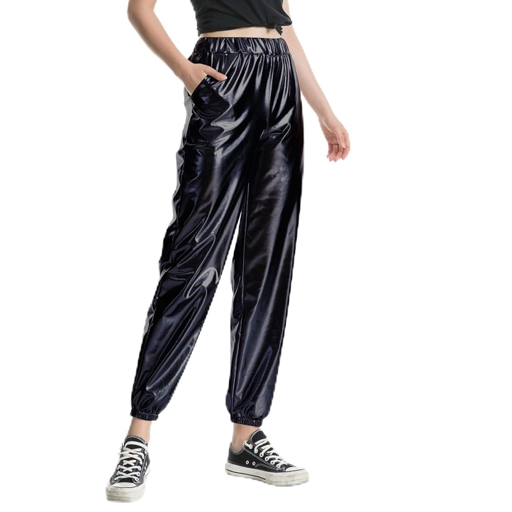 Rrongwn Pantaloni lunghi in metallo lucido per donna discoteca club wear  casual lunghi pantaloni per costume da carnevale a vita alta metallizzato  lucido hip hop pantaloni da jogging, Nero , S :