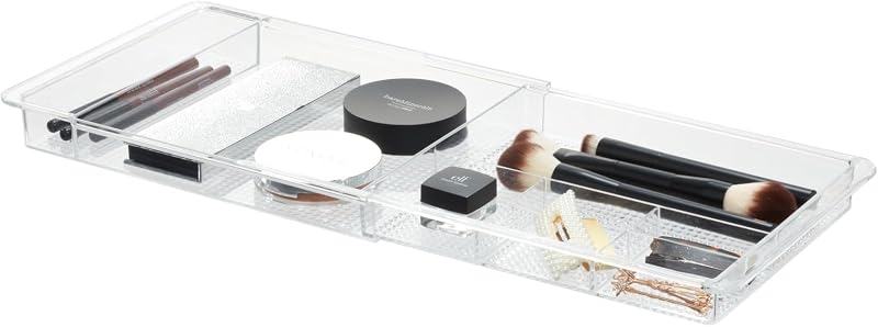Organizador de cajones de maquillaje expandible, bandeja poco profunda para baño o almacenamiento de tocador, transparente