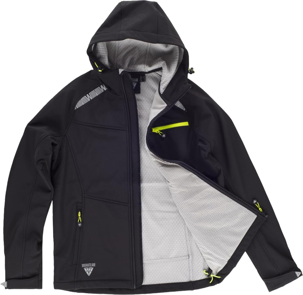 WORKTEAM Chaqueta Softshell, Cortavientos Transpirable y Repelente al Agua, Interior Polar Térmico, Capucha Ajustable y Detalles Reflectantes. Unisex