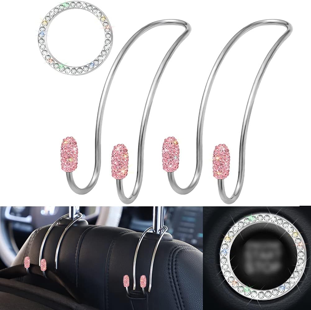 SAVORI Car Hooks Bling Hanger Auto Headrest Hooks Cute Car Accessories 2PCS Vehicle Metal Hook Organizer for Bag Purse Clothes Grocery with 1 Piece Ring Emblem Sticker (Pink)