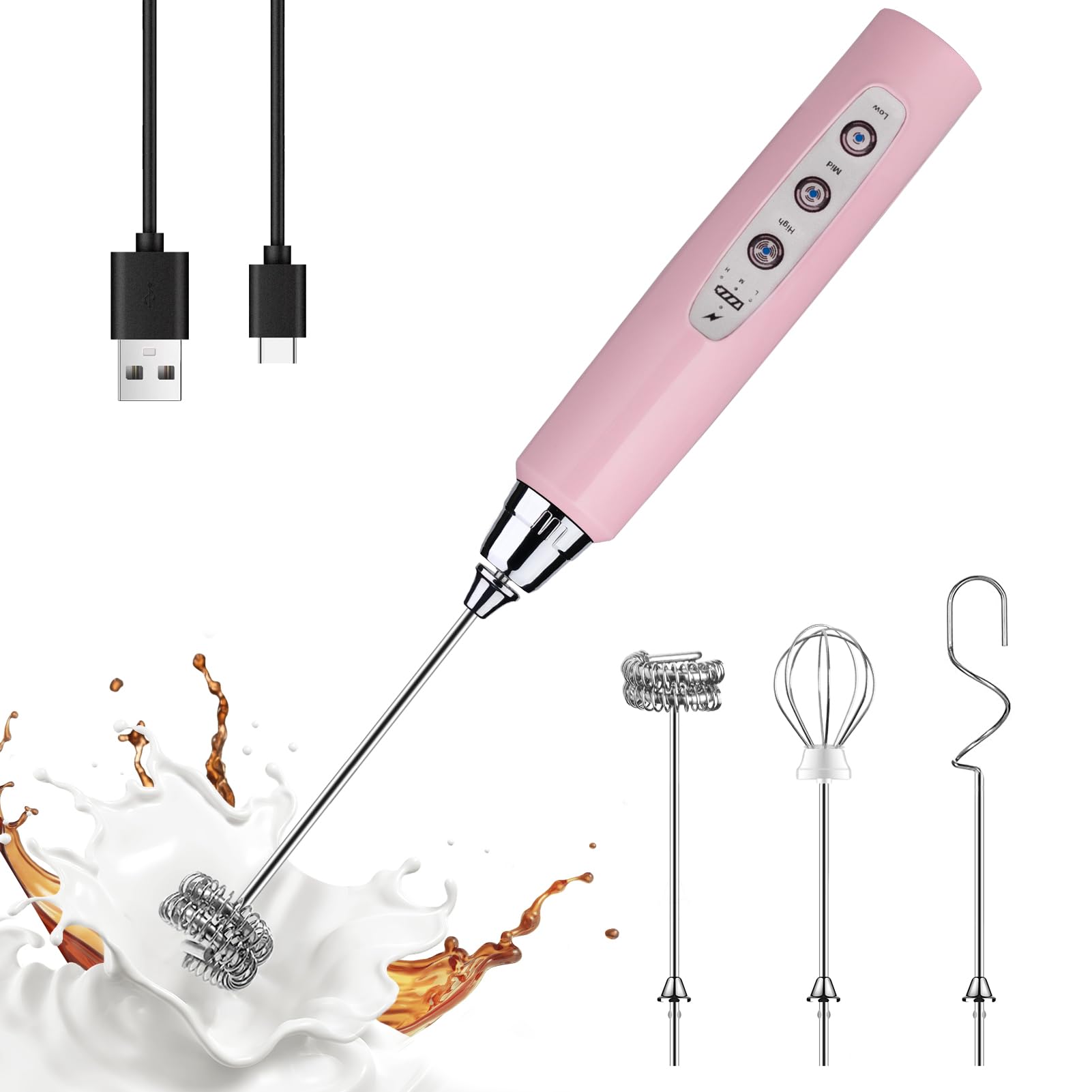Espumador de leche de mano con 3 cabezales, batidor de café,con recargable por USB, 3 velocidades, espumador de manos eléctrico para latte, capuchino, chocolate caliente, huevo, rosa
