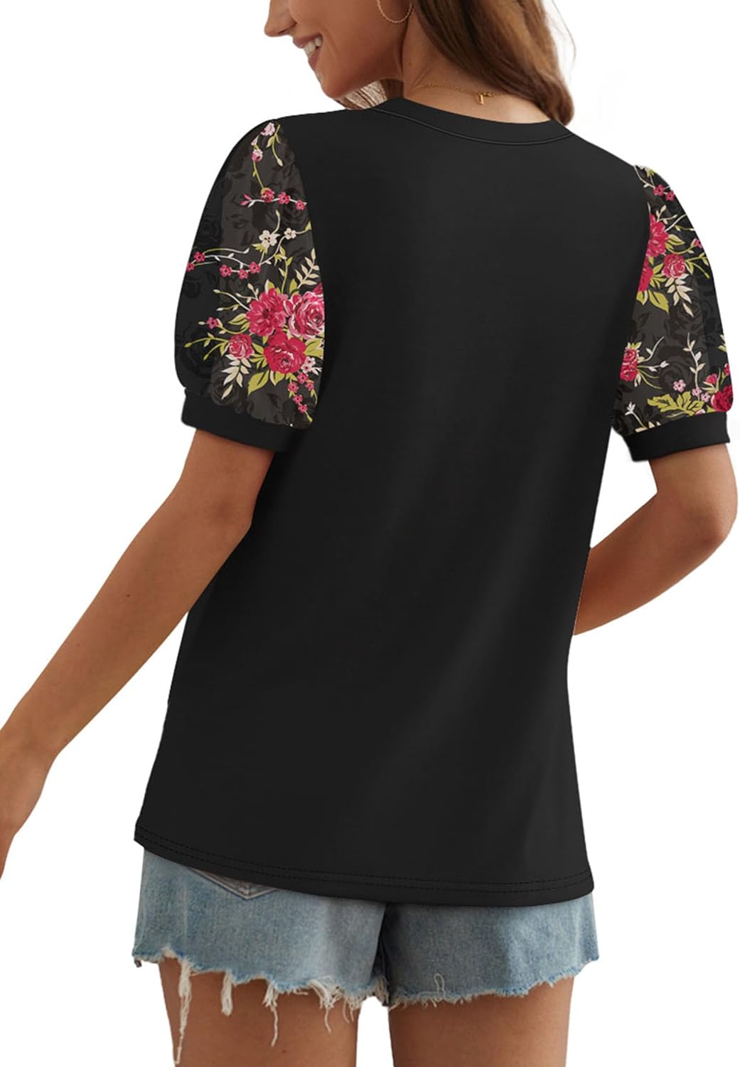 OFEEFAN Womens Summer Tops Pleated Swiss Dot Puff Sleeve Crew Neck T Shirts Loose Casual S-3XL - Image 4