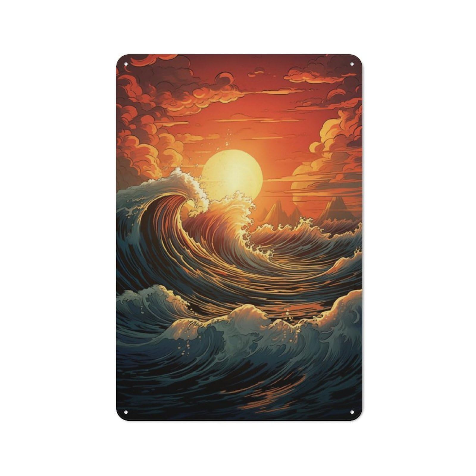 Junmoney Ocean Waves Sunset Rustic Metal Sign 30X20cm Featuring For Hallway Wall, For Collectors Decorating Hallways And Entrance Areas
