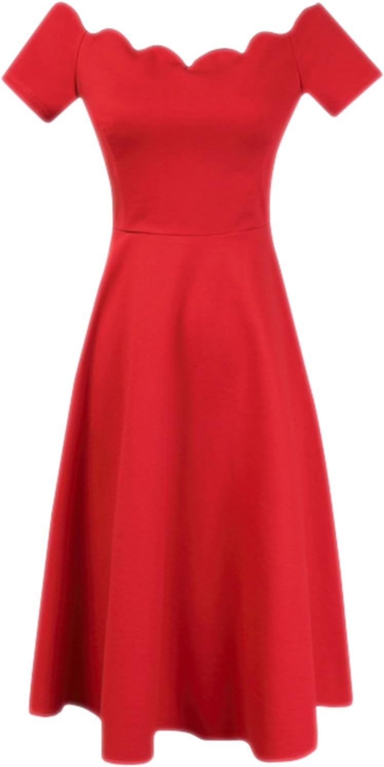 Women's Vintage Scalloped Off Shoulder A-line Dress, Red XL