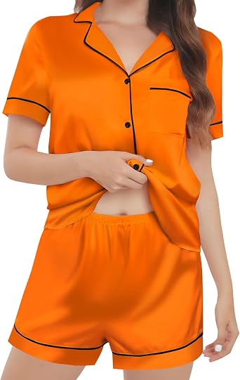 Silk Pajamas for Women Satin Womens Pajama Sets 2 Piece Short Sleeve Lounge Set PJ Set Sleepwear Loungewear Notch Collar Button-Down Orange, L
