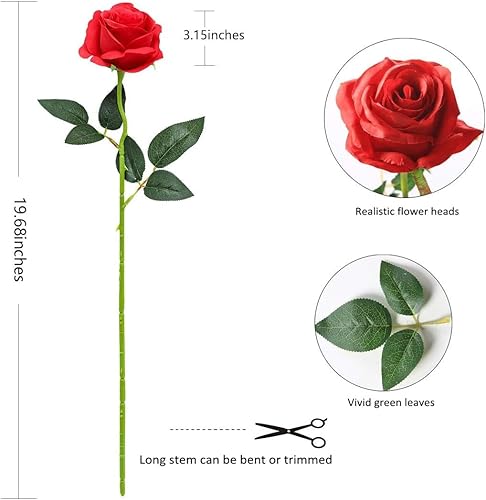 Miniatura 7 de Rosas artificiales rojas  10 piezas de rosas artificiales artificiales de seda con tallos para decoración del hogar, boda, hotel, oficina, centro de