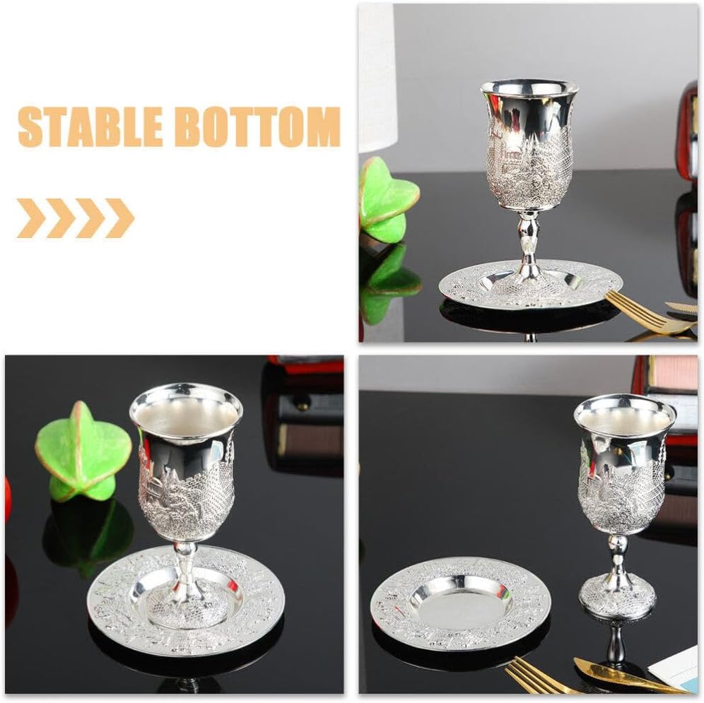 1 Set Kiddush Cup Set Zinc Alloy Wine Cup with Matching Tray Embossed Chalice Goblet for Havdalah Judaica Shabbos