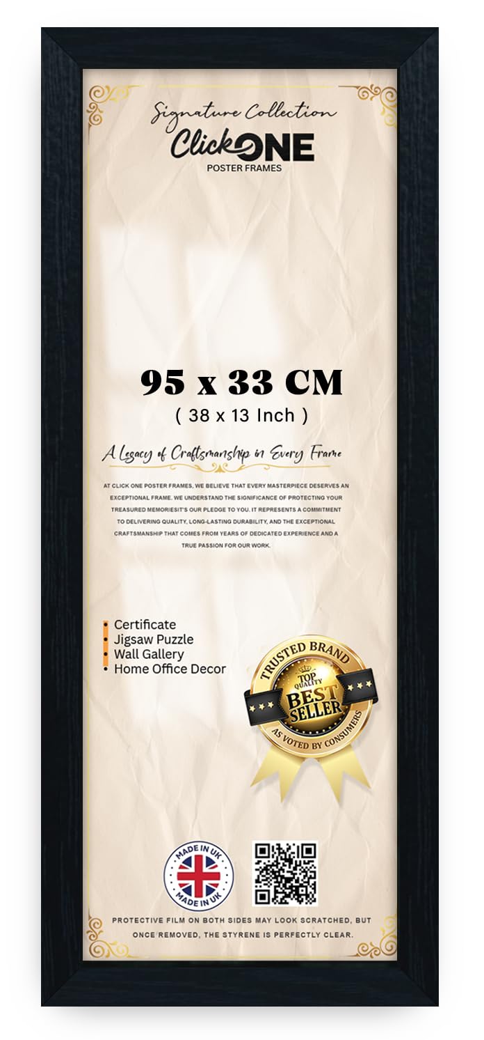 Click One Black Photo Frame 33 x 95 cm Poster Display with UV Protection Acrylic Hanging Hardware for Wall Mounting Display Picture Vertically or Horizontally MDF backboard