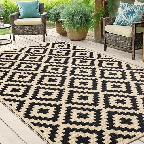 OLANLY Outdoor Rug Waterproof Reversible 4x6 ft, Durable Plastic Straw Patio Camping Carpet, Large Foldable RV Mat for Backyard, Deck, Picnic, Camper, Bench, All-Weather, Lightweight, Black & Beige - 5