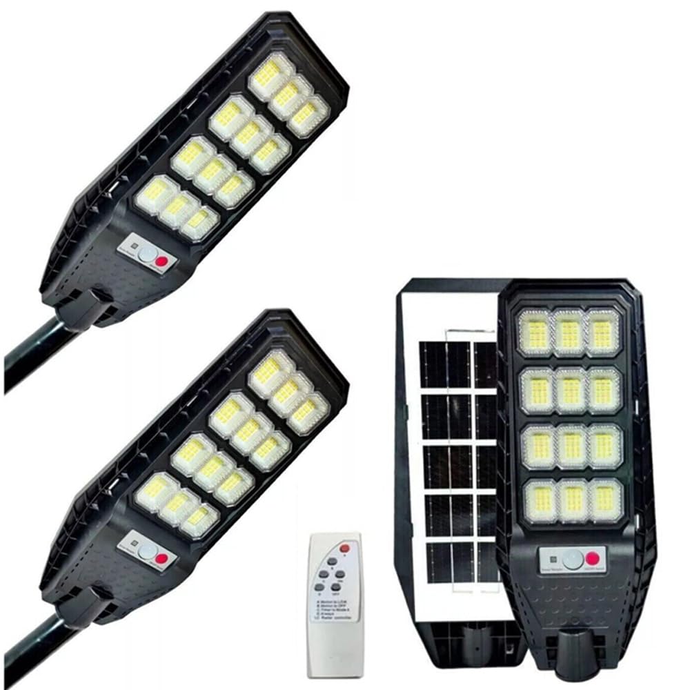 Lampione Solare 200W Con Palo e Telecomando Faro Faretto Esterno Staffa Luce Bianco Freddo 6500K Con Sensore Di Movimento e Crepuscolare, 144 Led, Giardino Strade Balconi 2 Pezzi