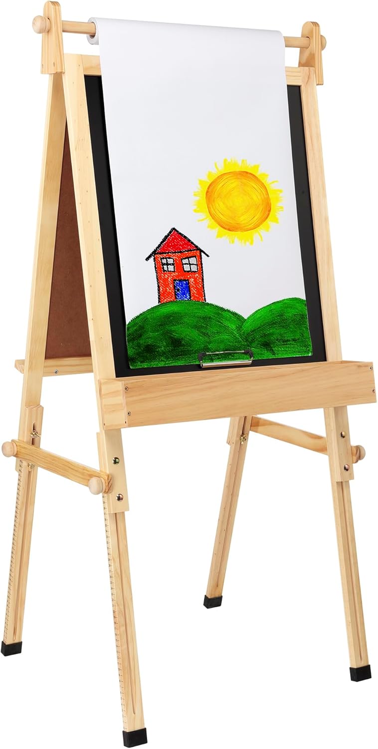 Fundamentals Kids Art Easel 3 in 1 Multipurpose Wooden Art Easel, Chalk Board & Dry Erase White Board & Paper Roll with Paper Clamp Adjustable Height 36.5- 51 - Natural Finish