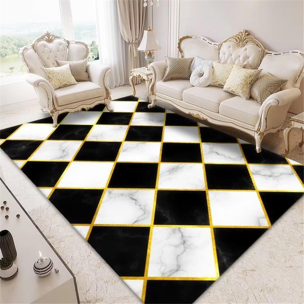Tapis de salon lavable marbre noir anti-tache chambre 80x120