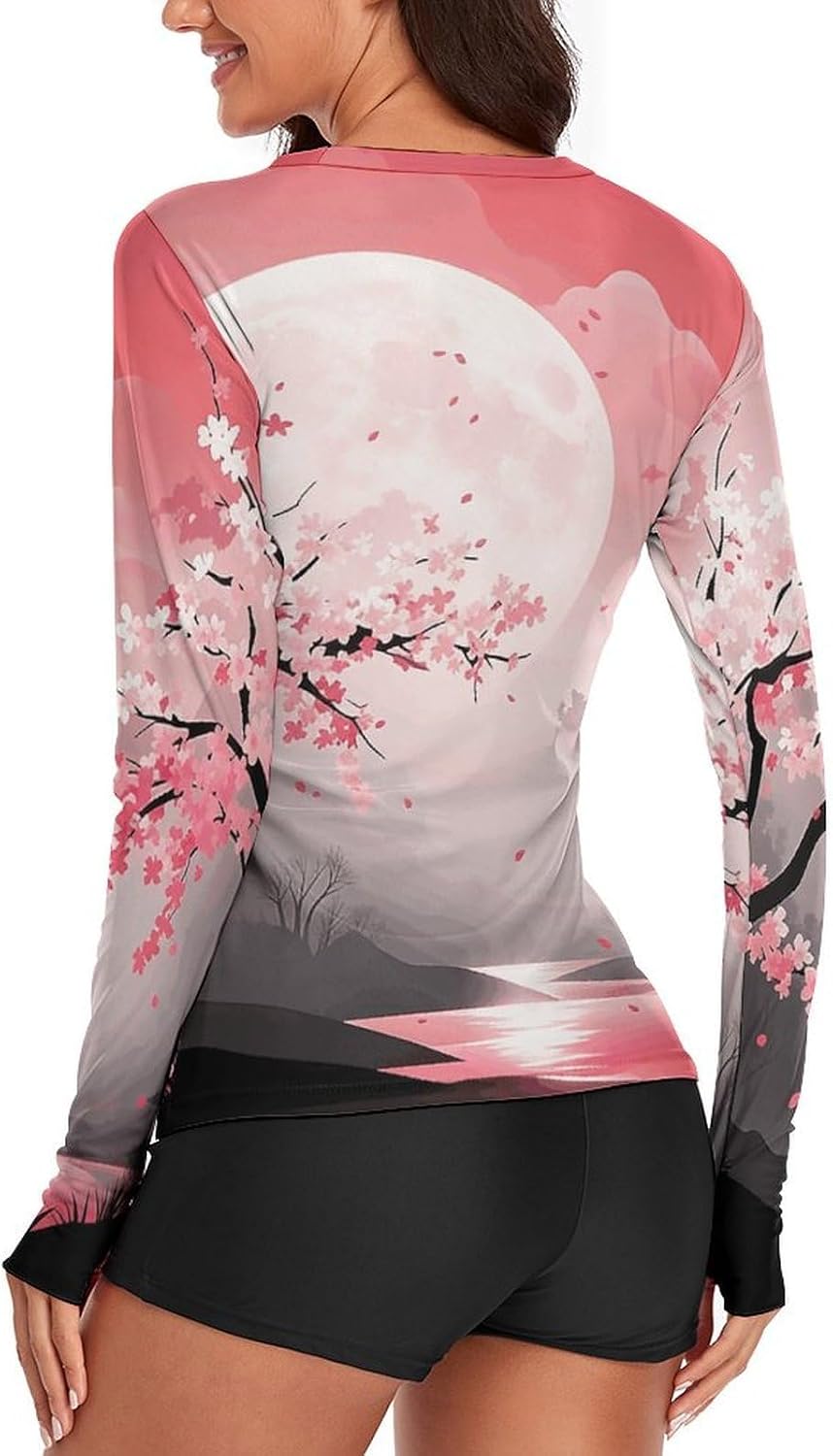 Cherry Blossoms Rash Guard for Women UPF 50+ UV Sun Protection | Long Sleeve Workout Top Quick Dry Athletic Hiking Shirt Moisture Wicking Swim Shirt for Running, Cycling, Swimming