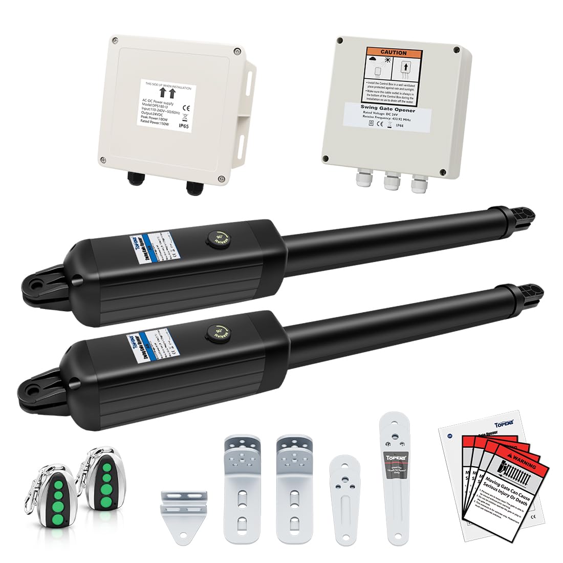 TOPENS PW802 Automatic Gate Opener for Heavy Duty Dual Swing Gates Up to 18ft per Arm, Dual Swing Gate Operator AC Powered with Remote Control Kit Gate Motor Solar Compatible