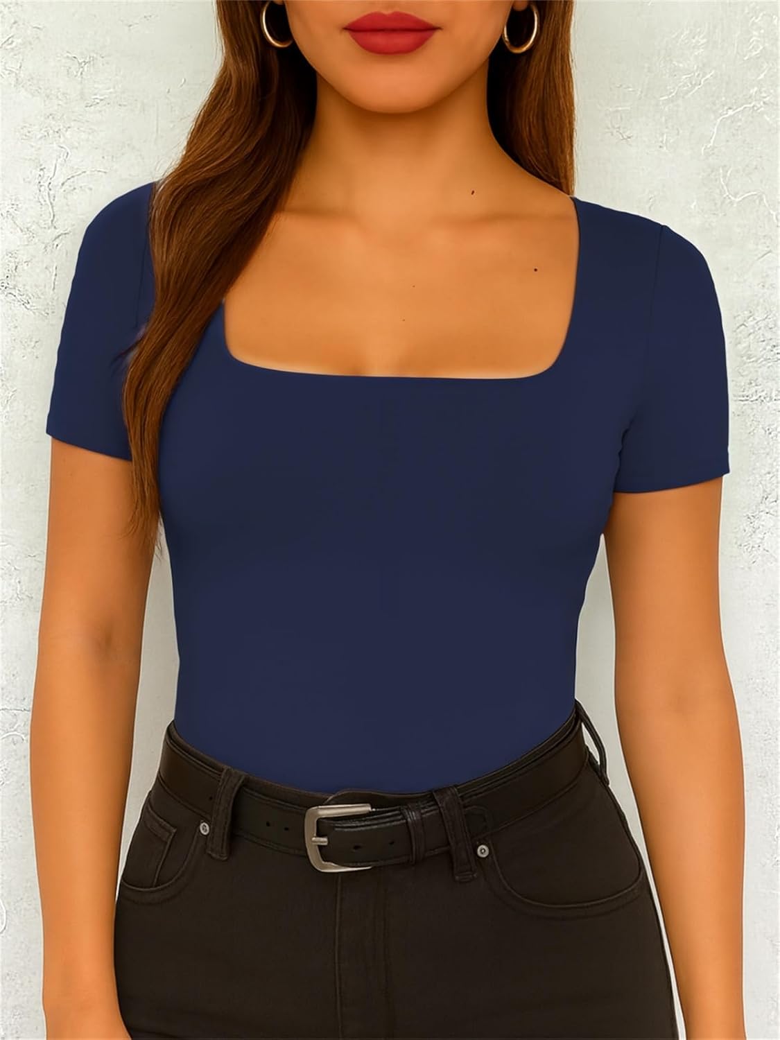 ForeFair Women's Square Neck Going Out Tops Double Lined Short Sleeve Basic Tight Tee Shirts - Image 2