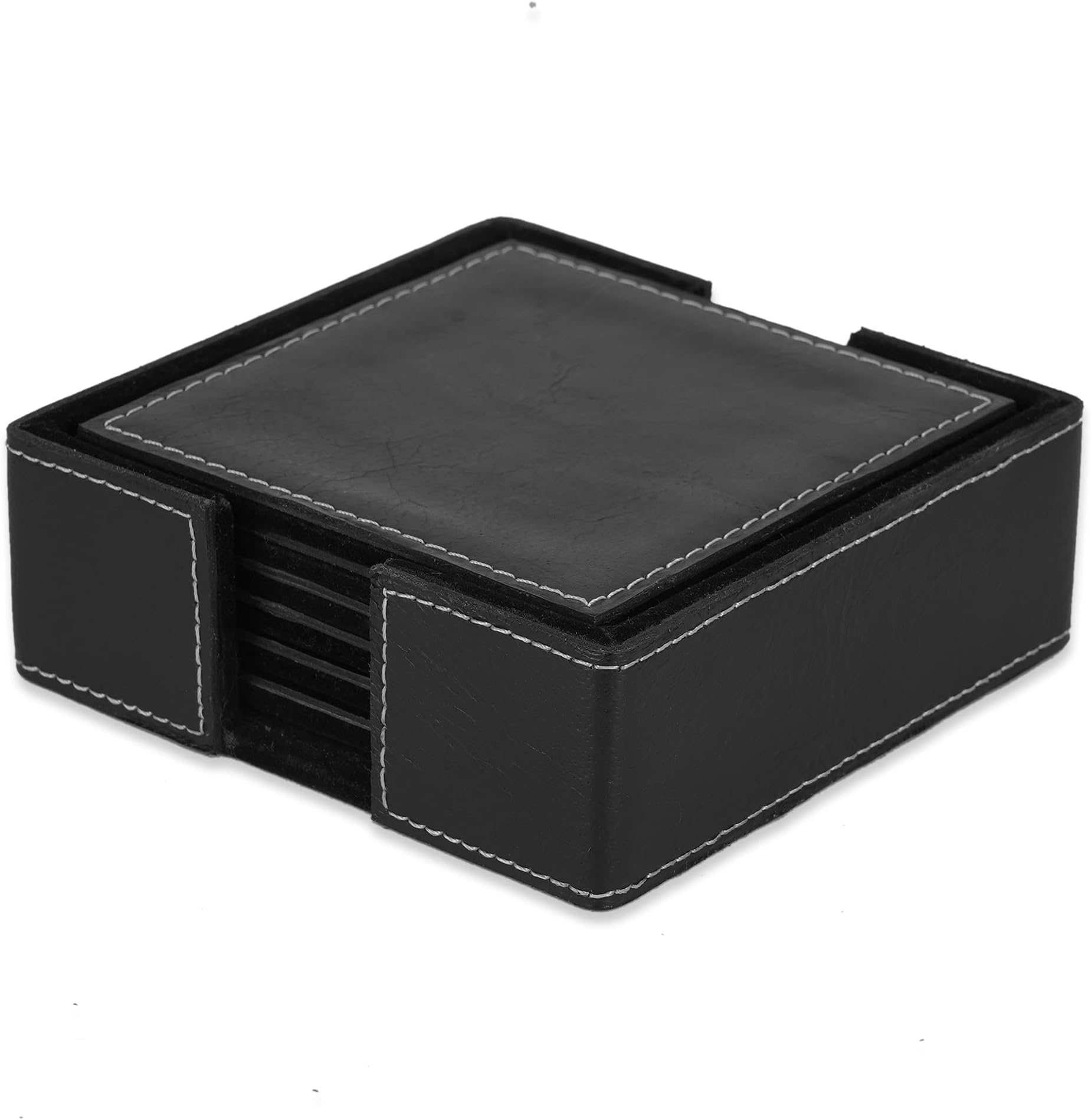 DECOWORLD || Genuine Buff Leather Tea Coasters Set of 6 with Stand || Coasters for Cups, Coffee Mugs, Drinks|| Coasters for Dining Table. Coffee Table for Home or Office Use (Black)