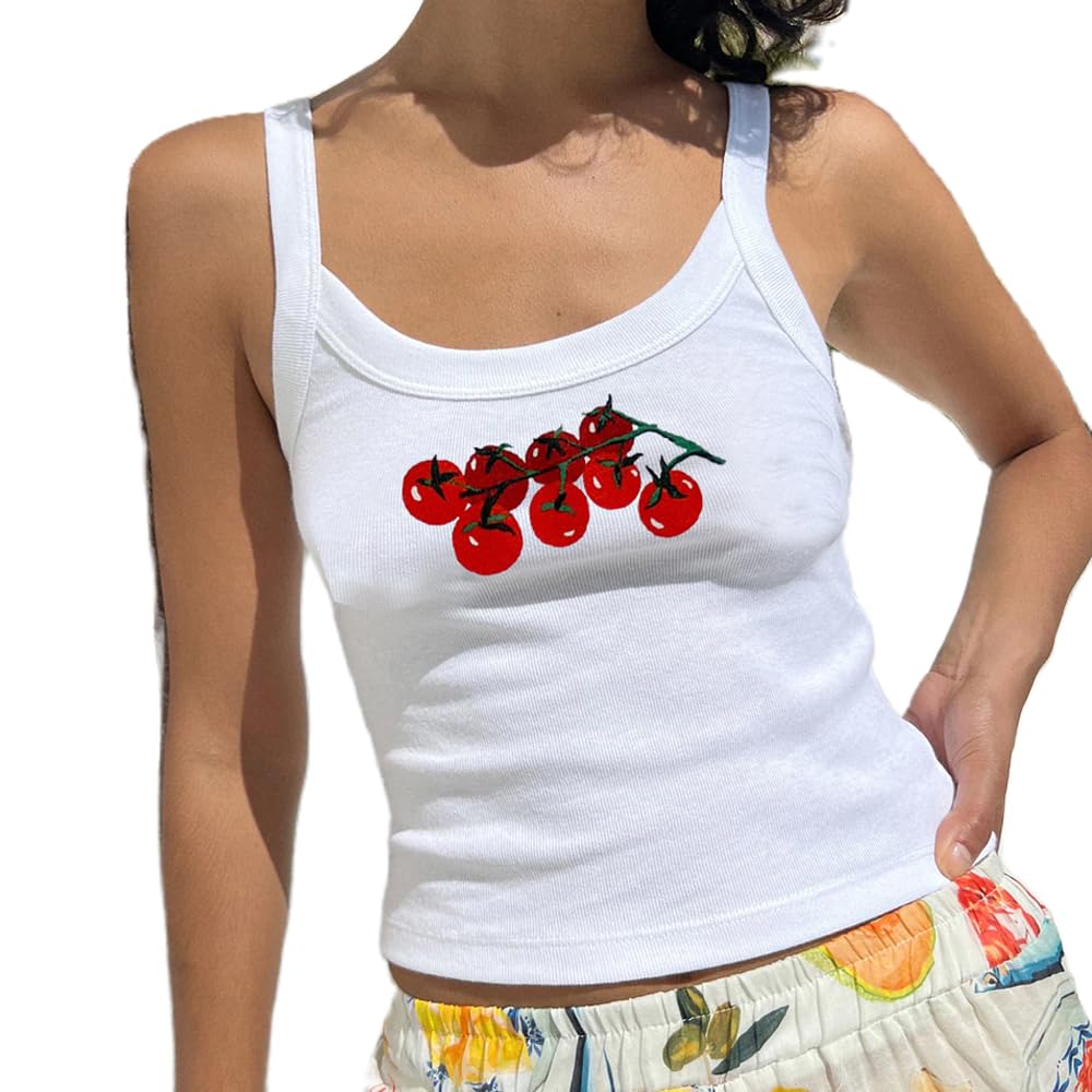 SOLILOQUY Women y2k Fruit Print Tank Top Summer Sleeveless Baby Tee Cute Slim Fit T Shirt Basic Vest 90s Aesthetic Streetwear