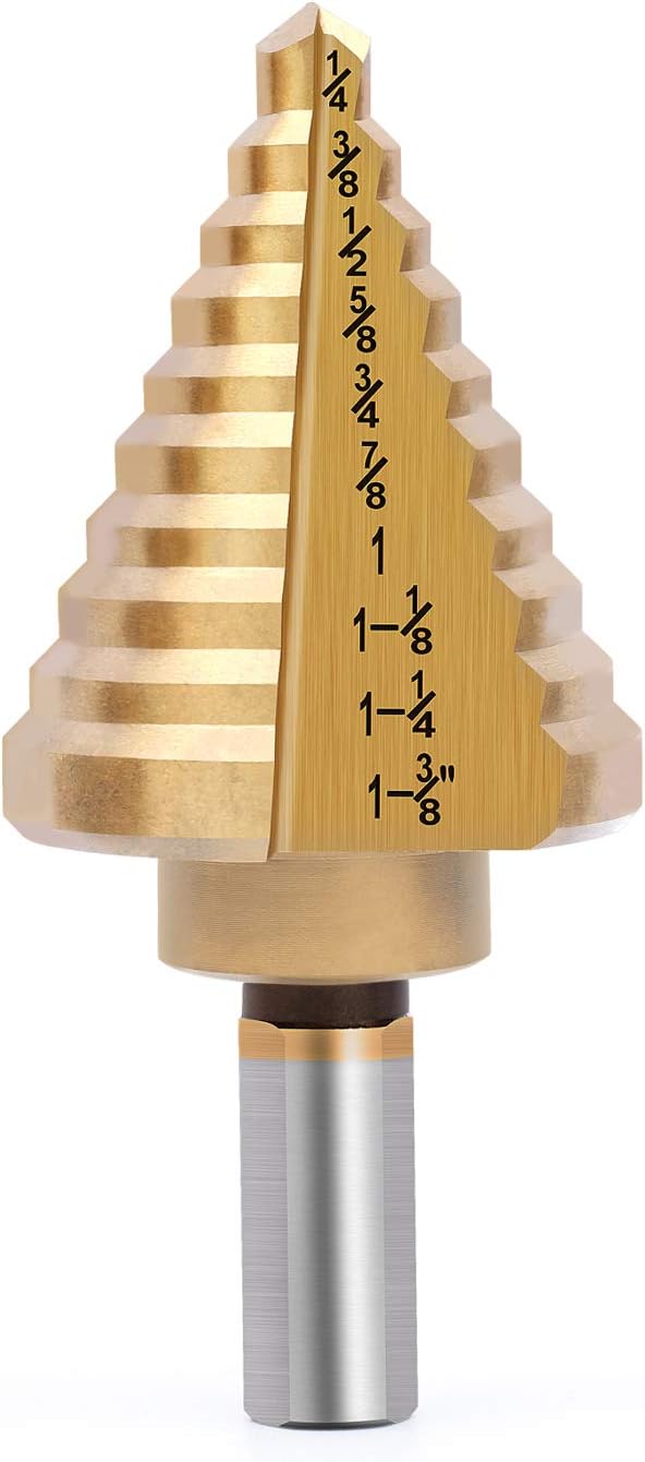 Titanium Step Drill Bit, Zhushan Titanium High Speed Steel Drill Cone Bits,Double Cutting Bladesfor Sheet Metal Hole Drilling Cutting1/4 to 1-3/8 Inches Total 10 Step Sizes
