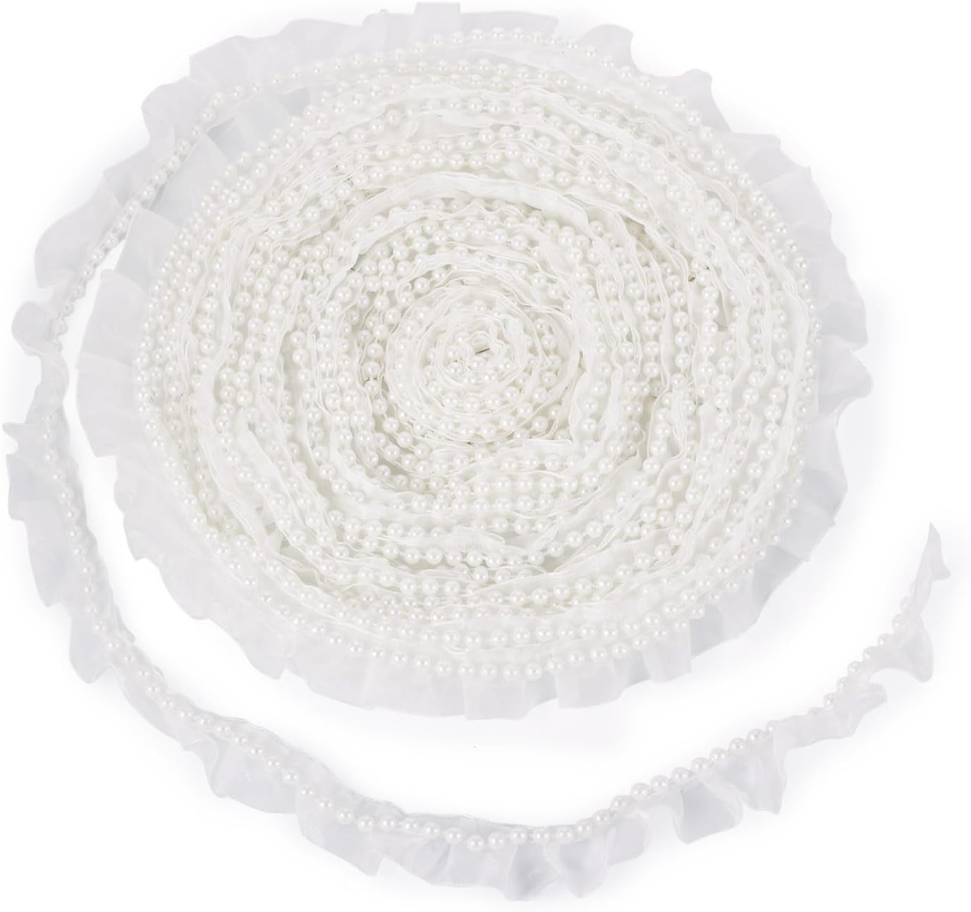 FASHEWELRY 10 Yards Polyester Lace Trims Ribbon White Pearl Lace Mesh 1-3/8 Inch Pearl Beaded Trim for Bridal Wedding DIY Decorations Sewing Making