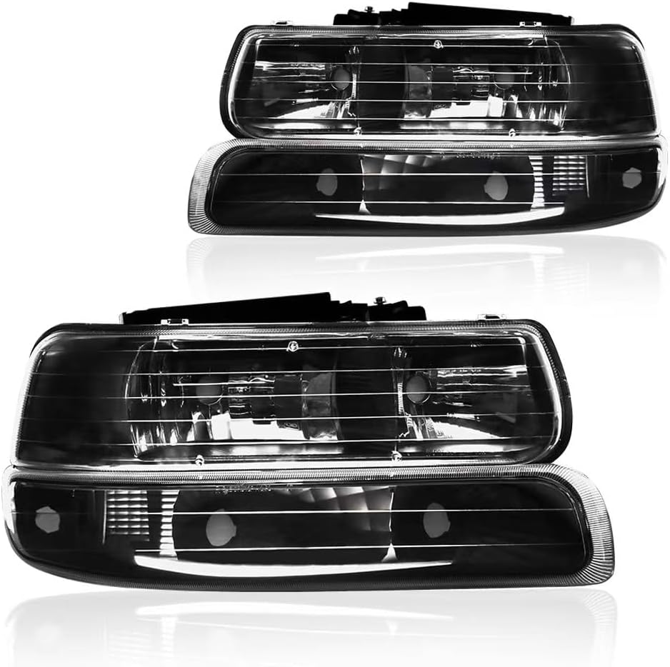 Headlight Assembly, Compatible with 1999-2002 Chevy Silverado 1500 2500/2001-2002 Silverado 1500HD 2500HD 3500HD Black Housing Amber Reflector