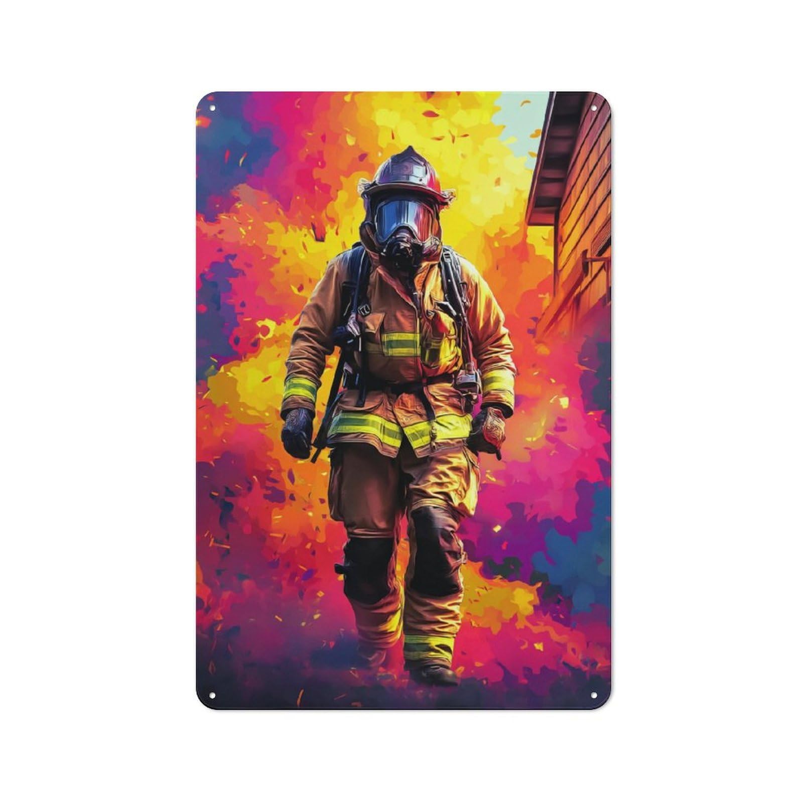 Junmoney Firefighter In Action -2 Tin Wall Plaque 30X20cm With For Garage Or Workshop, For Living Room, Hallway And Entrance Wall Decor