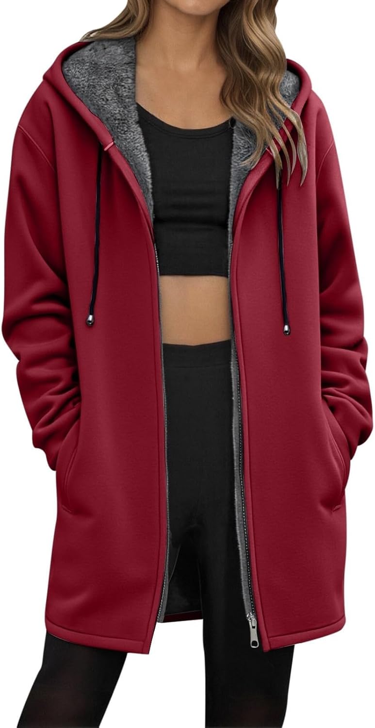 GOKKILRW Womens Fleece Lined Sweatshirts Jacket Zip Up Long Sleeve Fall Winter Soft Warm Hoodie Coat Long Hoodies Outerwear