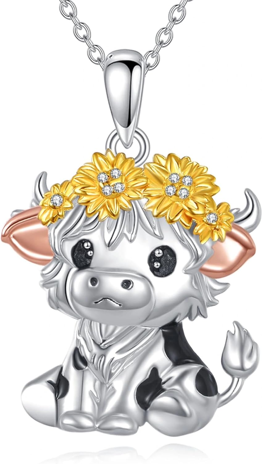 Diamond Cow Necklace for Women 925 Sterling Silver Cow and Sunflower Pendant Necklaces Cute Animal Jewelry Gifts for Mom Wife Sister Friend Christmas Mother's Day,18+2 inch