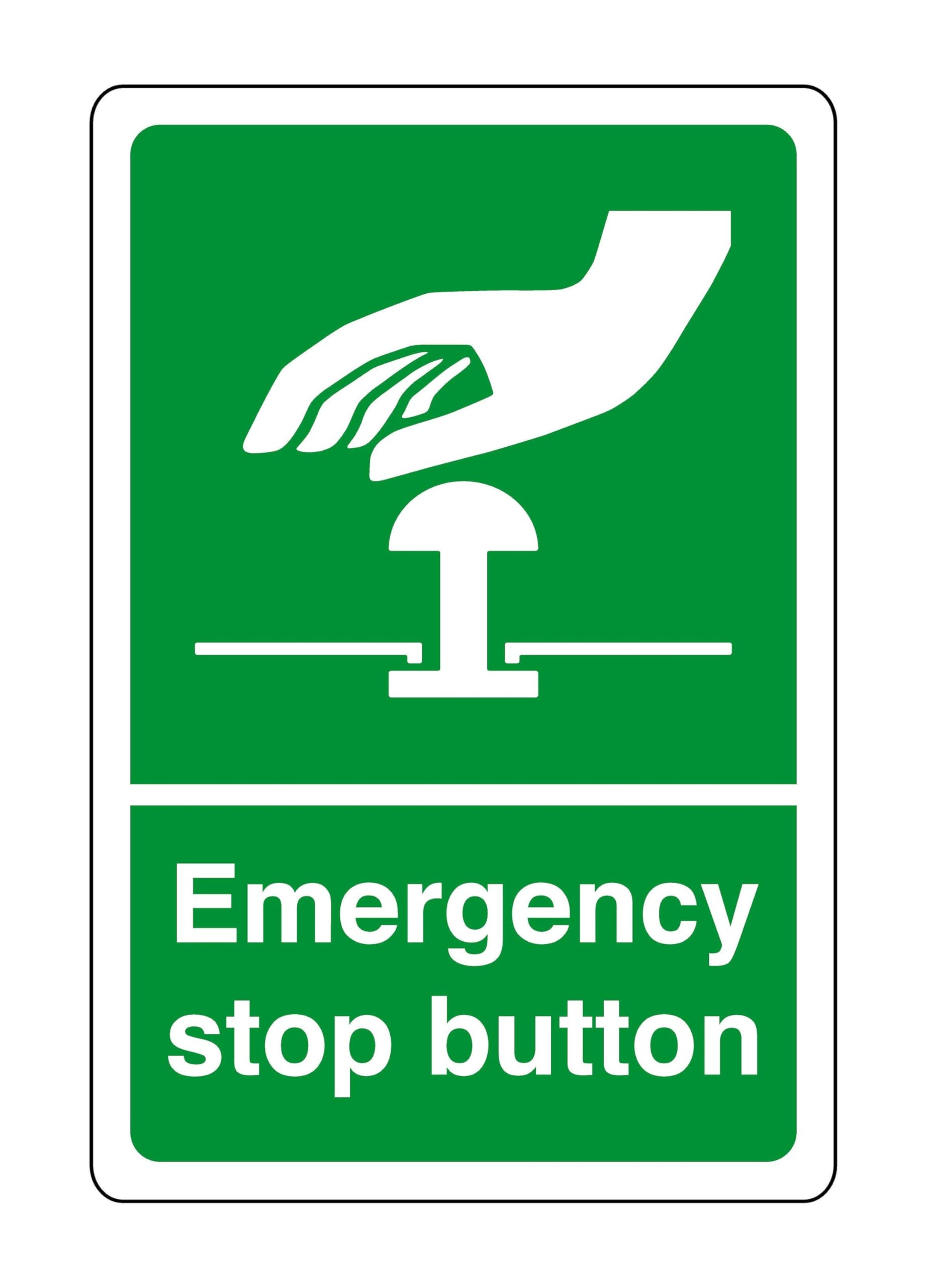 Safety First Display Ltd Green/White Emergency Stop Button - Safety Sign - High Tack Self-Adhesive Sticker (200Mm X 150Mm) Viewing Distance Within 5M.