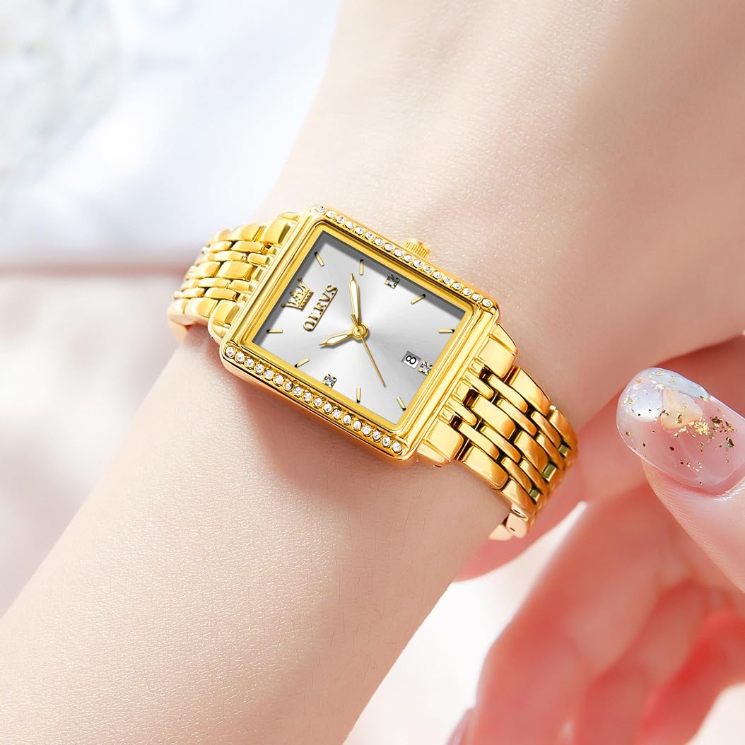 OLEVS Women's Gold Stainless Steel Watch, Small Square Face Diamond Decorated Ladies Watch, Luxury Analog Quartz Women Dress Watch, Fashion Calendar Date Waterproof Wrist Watch for Women - Image 2