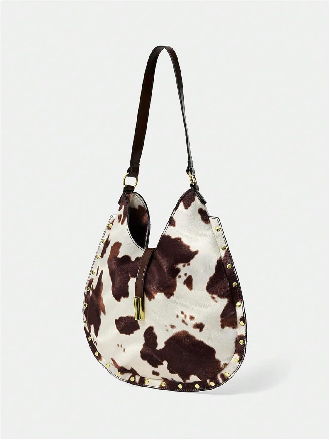 Women's Cow Graphic Studded Rivet Shoulder Handbags Retro Large Circle Tote Bags Purse - Image 3