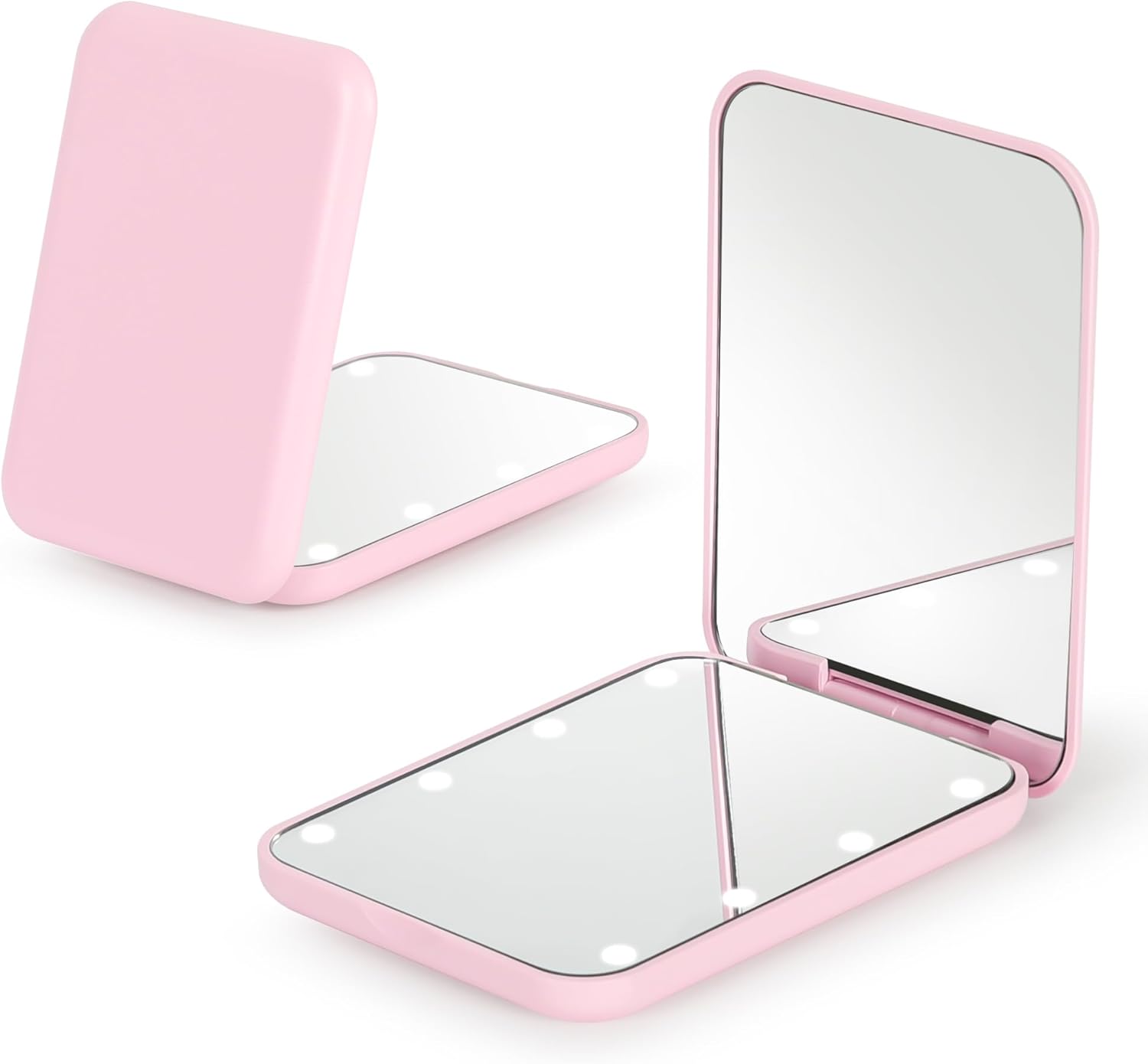 Pocket Mirror,LED Compact Travel Makeup Mirror, 2-Sided 1X/3X Magnification, Portable, Folding(Pink)