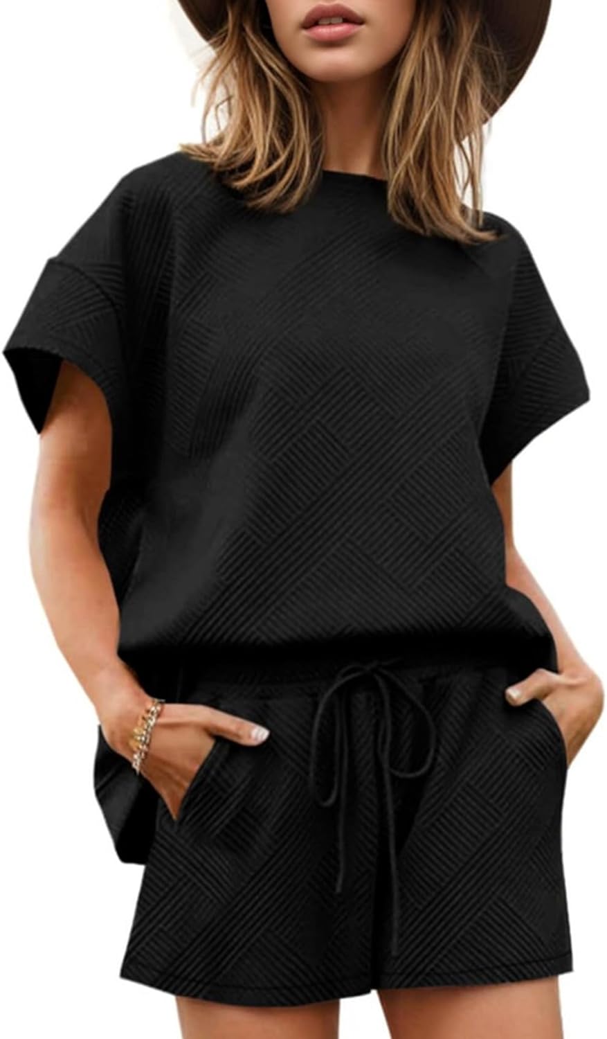 Wyeysyt Women's Loungewear Set 2 Piece Outfits Matching Lounge Short Sleeve Tops and Shorts Casual Pajamas Set with Pockets