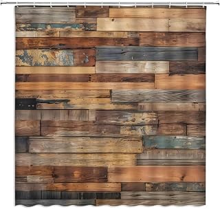 Rustic Wooden Board Shower Curtain Western Old Barn Door Vintage Country Farmhouse Retro Rural Garage Plank Dark Brown Bathroom Decor Fabric Curtains with Hooks 70" L x 70" W
