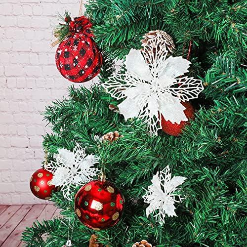 MCEAST 24 Pieces Christmas Artificial Poinsettia Flowers with 24 Clips Glitter Christmas Flower for Christmas Tree Ornaments Xmas Wedding Party Decor, White