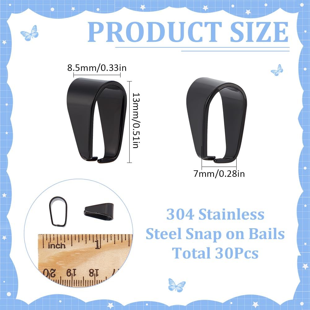 SUNNYCLUE 1 Box 30Pcs Pinch Bails Stainless Steel Pendant Bail Black Snap on Bails Slider Pendant Clasp Open Clip Bails Hook Pendant Clasps Necklace Chain Slider Connectors for Jewelry Making Kits - Image 2