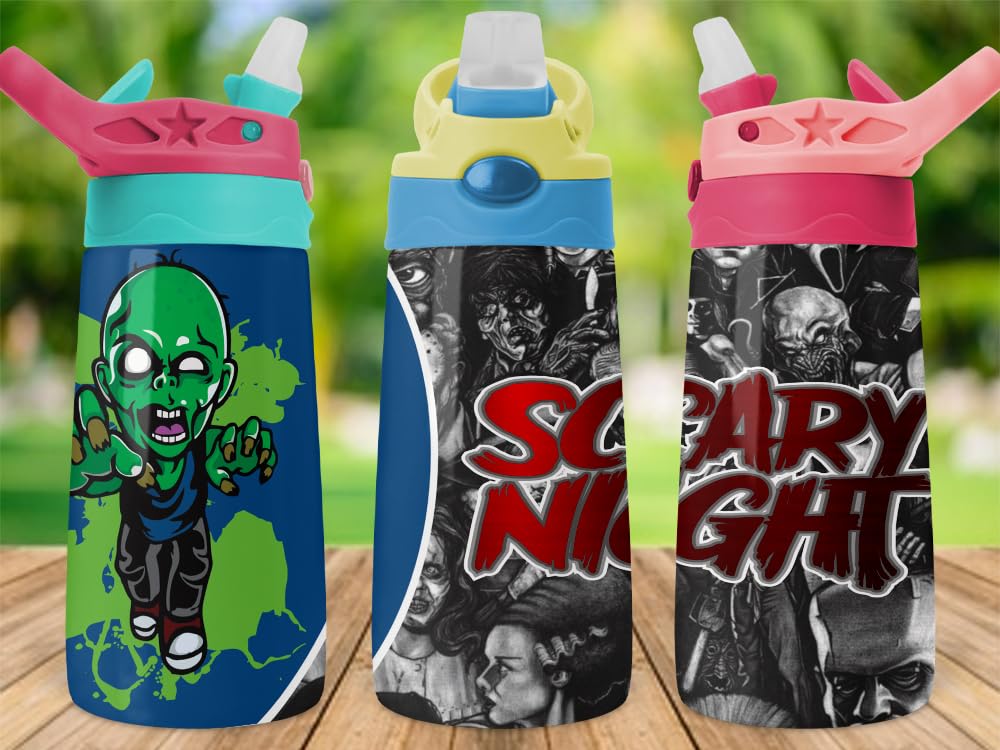 Zombie #1 12oz Stainless Steel Kids Tumbler, Boys Or Girls, Scary Night, Halloween, Horror Character, Gift, Great For Keeping Drink Cold or Hot (Blue/Yellow Lid)