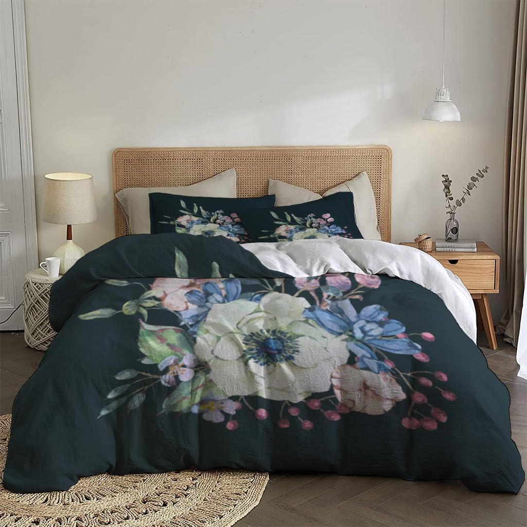 NIBAINLO 布団カバー装飾的-ヴィンテージ-水彩-自然-野花 肌に優しい ピーチスキン加工 掛け布団カバー 和式 洋式 あったか 布団カバーセット リバーシブル ホームステイ ホテル 家庭兼用