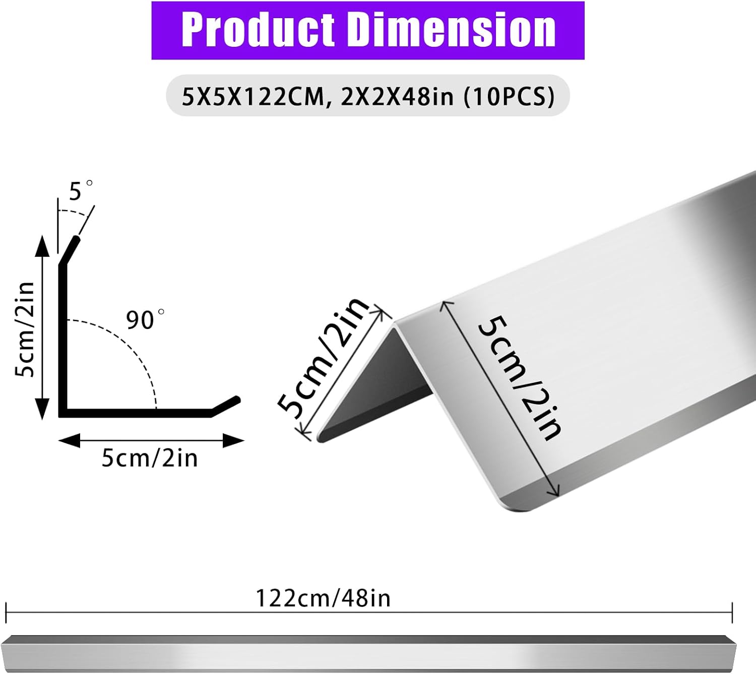 Stainless Steel Wall Corner Guard 2 x 2 x 48 inch 10 Pcs,304 Steel Corner Trim, Metal Wall Corner Protection Guards with 90-Degree Angle for Wall Protection and Decoration. 2*2*48 IN Silver 10