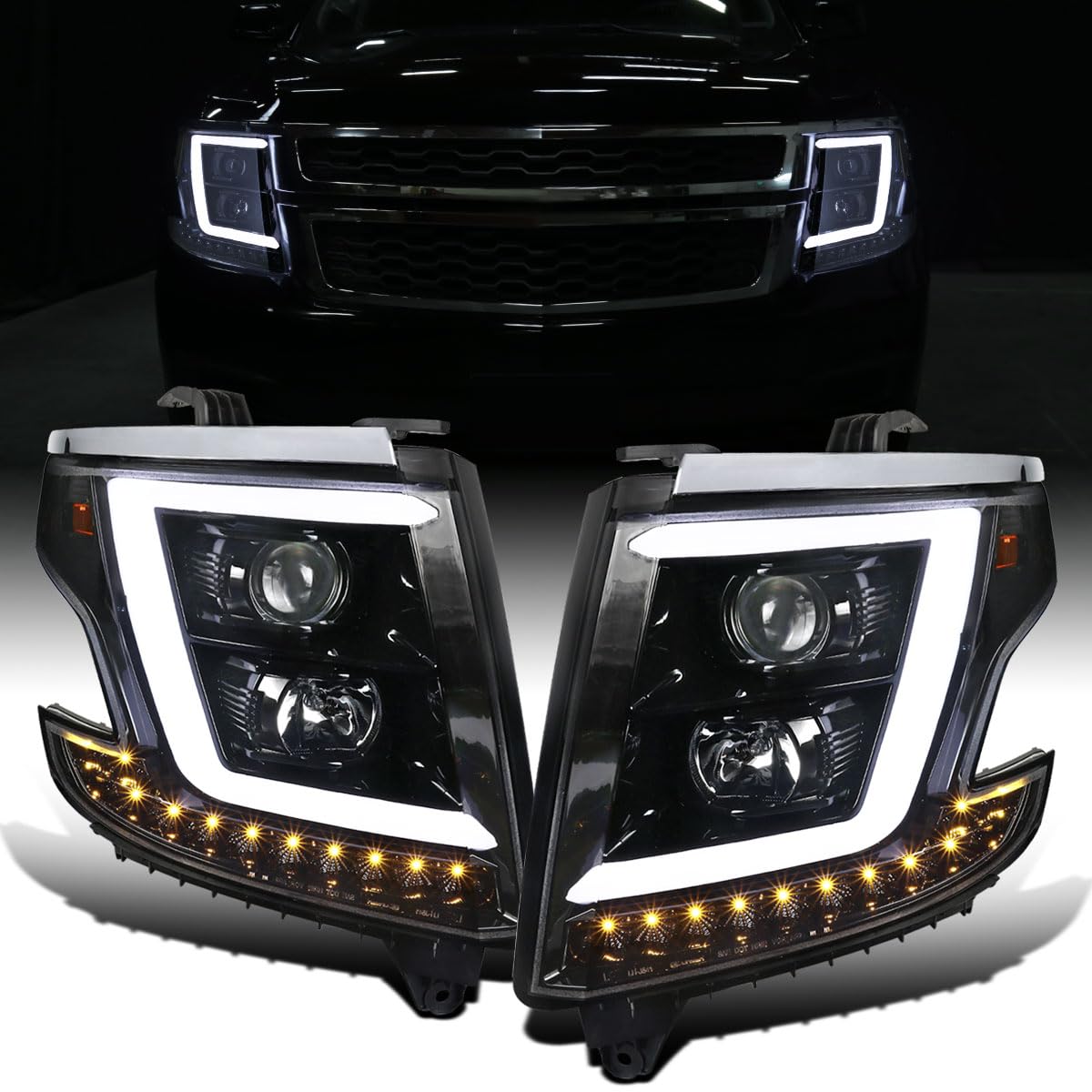 Ronnin - Fits 2015-2020 Chevy Tahoe Suburban 3500HD Upgraded Assembly LED Tube Projector Halogen Headlights Replacement Pair | Gloss Black