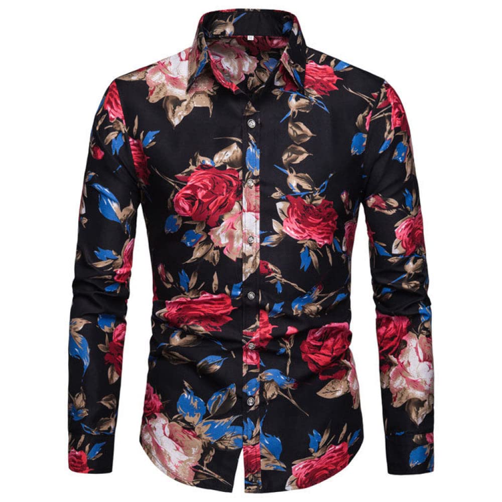 HGJH Herren Hemd Kurzarm, Herrenhemd Rote Rosen Zweige Blätter Print Hawaiihemd Kuba-Kragen Schwarz Langarm Button Down Weiches Strandhemd Henley-Shirt Für Männer Jungen
