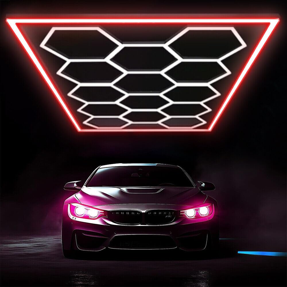 XAEIOW Hexagon LED Garage Light,14 Pack Honeycomb Lights with Rectangle Red Blue Green Frame 6500K for Garage, Basement, Warehouse etc (red)