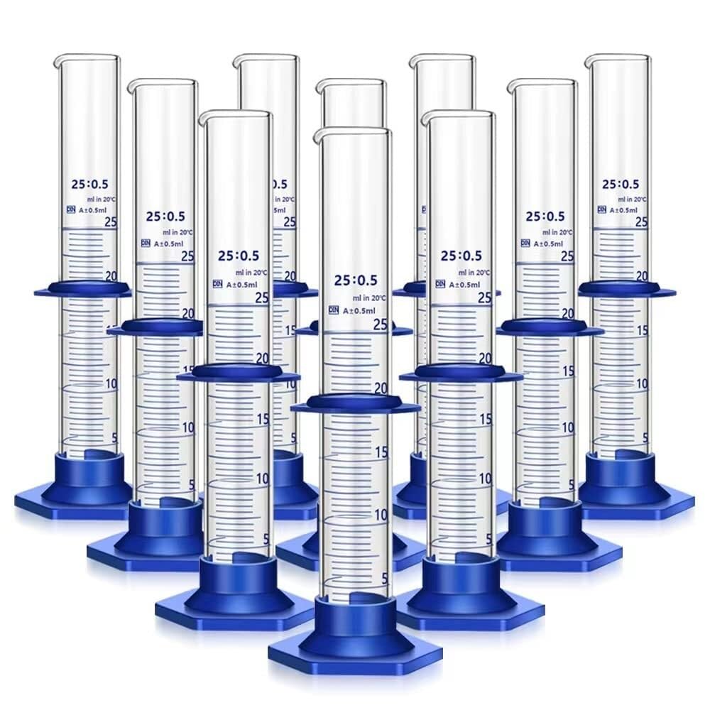 Probeta de Laboratorio para Ciencias, Juego de Cilindros graduados de Vidrio de borosilicato con Cepillo, 5-250 ml(10 pcs 25ML)