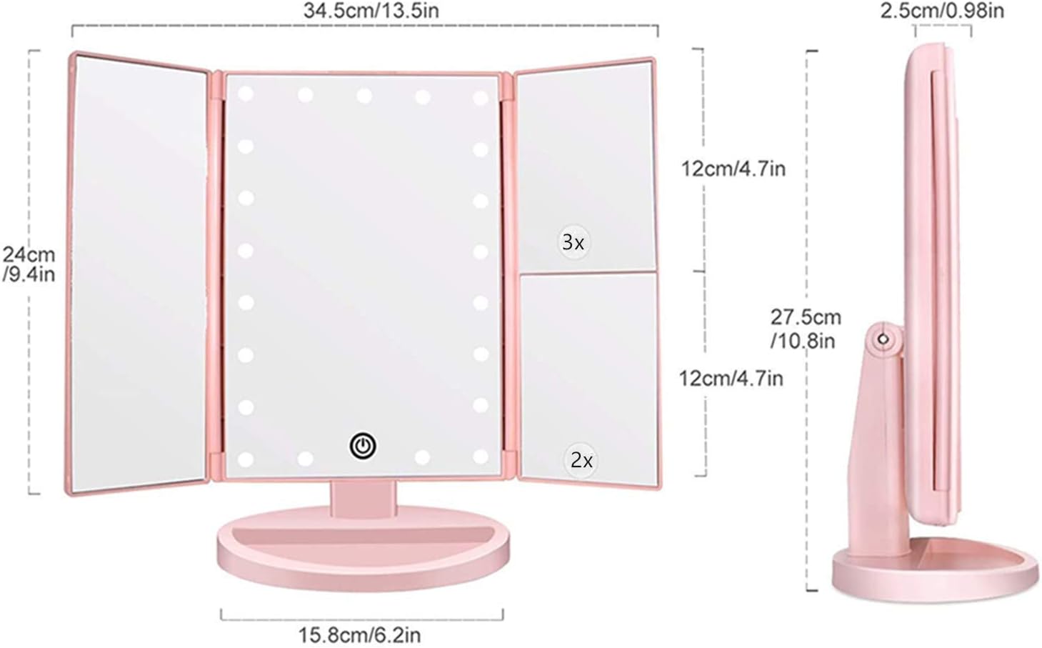 Tri-fold Lighted Vanity Makeup Mirror with 3x/2x Magnification,21 LED Lights and Touch Screen,180 Degrees Free Rotation Countertop Cosmetic Mirror,Travel(Pink) - Image 4