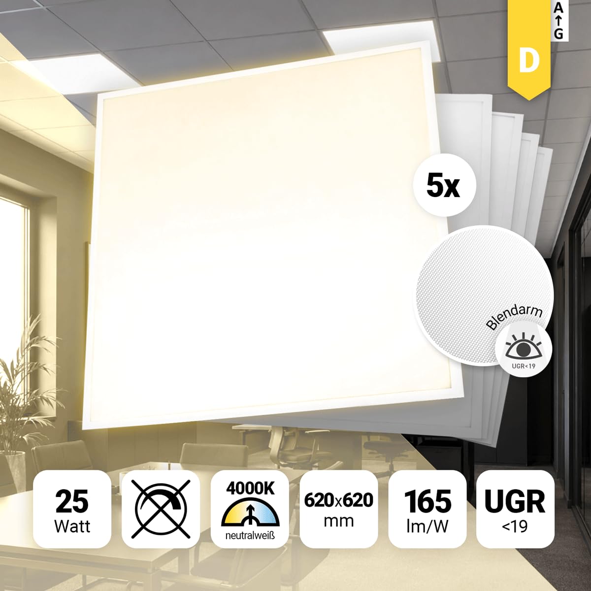 5x LED Backlit Panel 62x62 Neutralweiß 4000K 25W UGR19 165lm/W