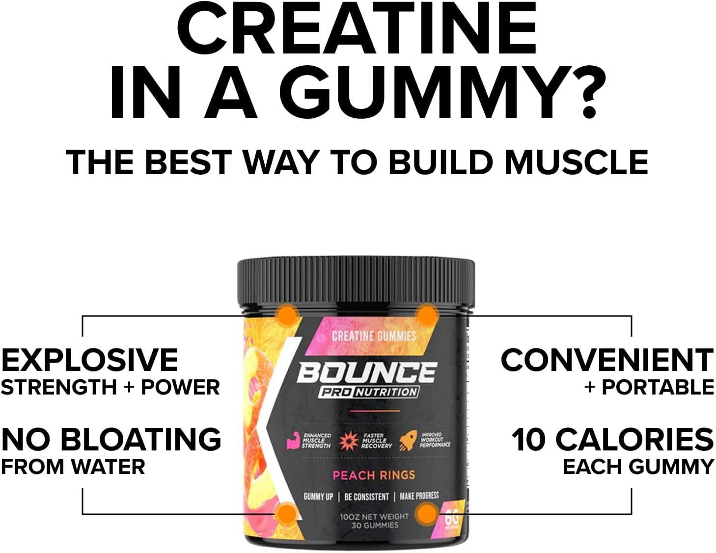 Bounce Pro Creatine Monohydrate Gummies for Men & Women, Low Calorie, 6G of Creatine per Serving, Vegan, Anti-Melting, Gluten-Free, Non-GMO, 2g of Creatine per Gummy (30ct, Peach Rings)