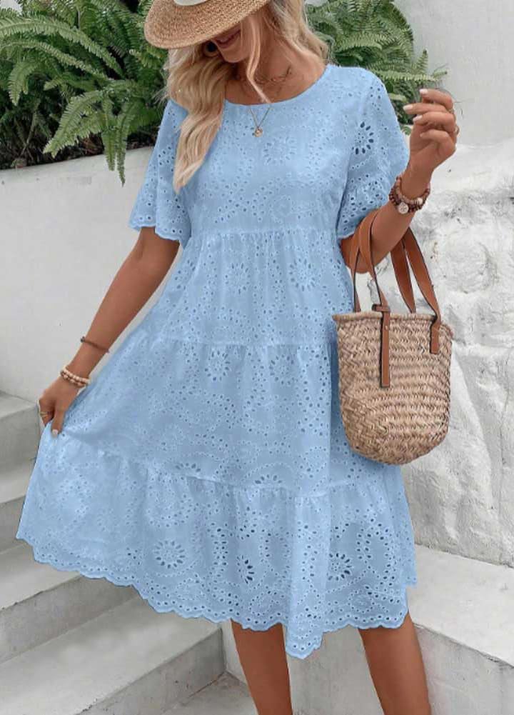 Women's 2024 Lace Eyelet Short Sleeve Tiered Tunic Dress Cute Babydoll Beach Sundress Midi Long Dress - Image 3